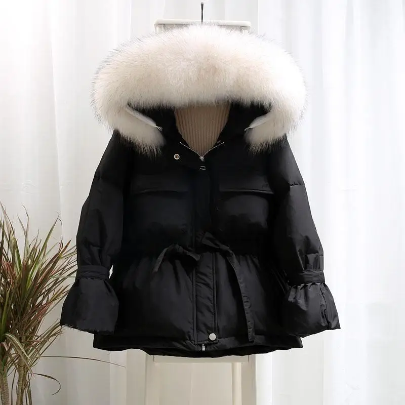 Fitaylor, зимние куртки с воротником из натурального меха енота, женские парки на 90% белом утином пуху, Женская плотная теплая зимняя верхняя одежда с капюшоном - Цвет: Черный