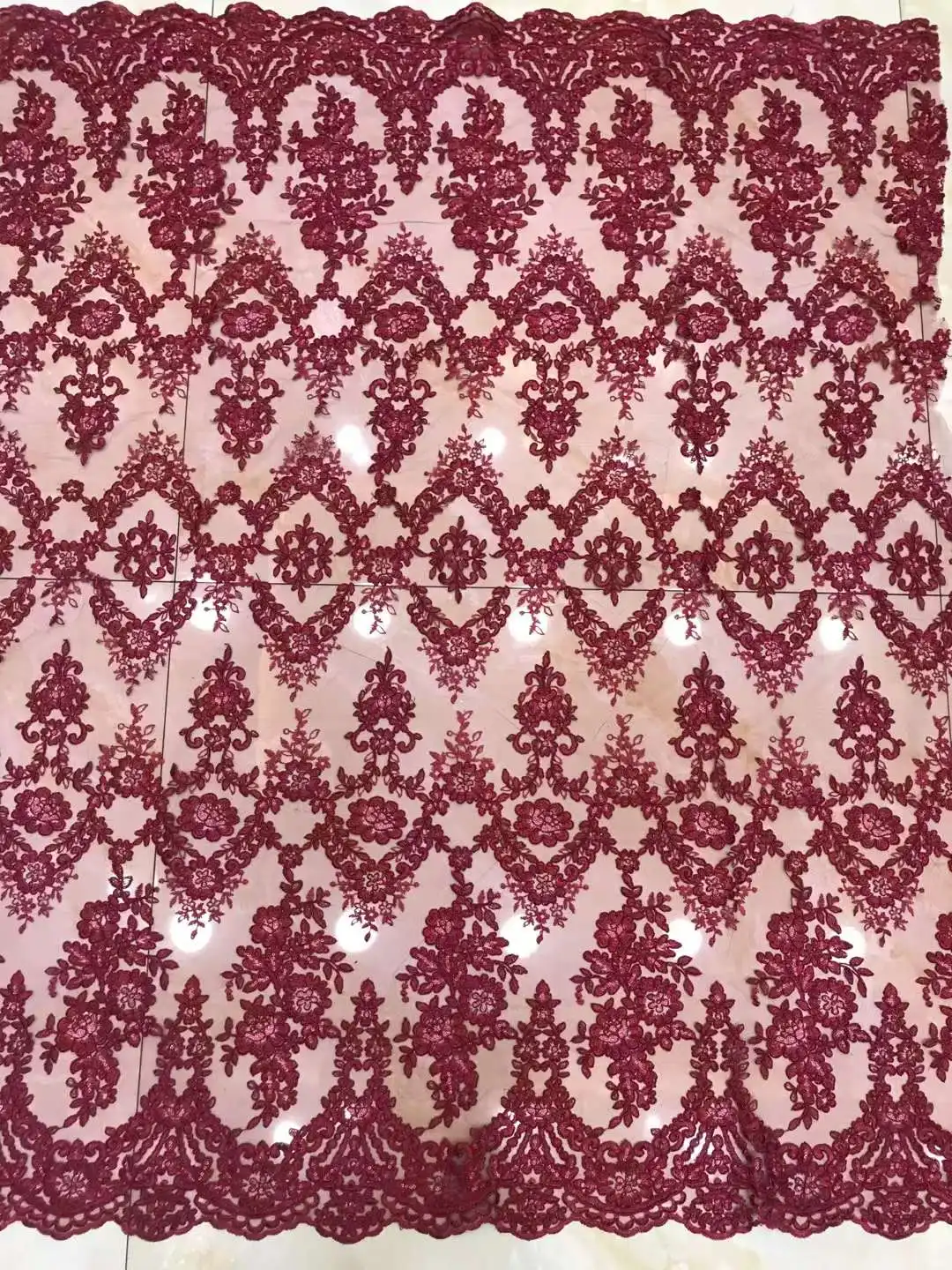 

High quality wine Embroidery French tulle lace sequin falt-embroidery African lace fabric for Party dresses wedding dres