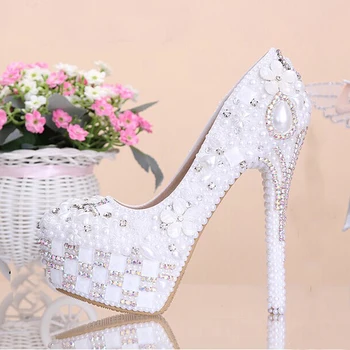 

Fashion Rhinestone Super High Heel Bridal Dress Shoes White Flower Pearl Crystal Wedding Shoes Round Toe Wedding Ceremony Pumps