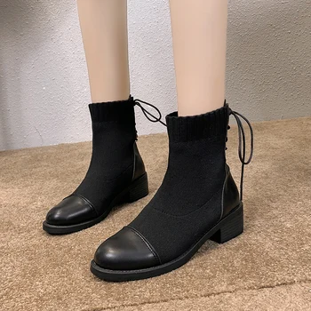 

Women Black Ankle Sock Boots 2019 Fashion Spring Autumn Stretch Boots Chunky High Heels Round Toe Women Shoes Warm Plush Boots