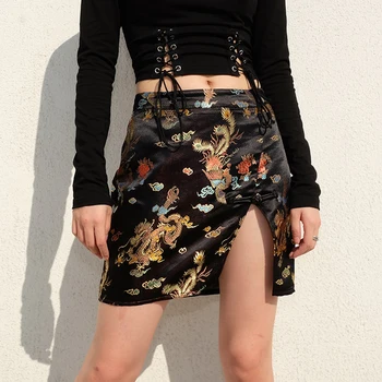 

Lossky Chinese Style Black Vintage Dragon Embroidery Mini Skirt High Waist Sexy Women Short Gothic Autumn Split Clothes Zippers