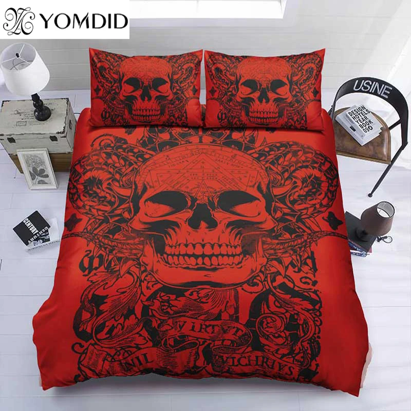 Skull Duvet Cover Sets Cartoon Skull Duvet Cover With Pillowcases Red Background Bedding Set Bedroom Bedding Set Polyester deep fitted sheets