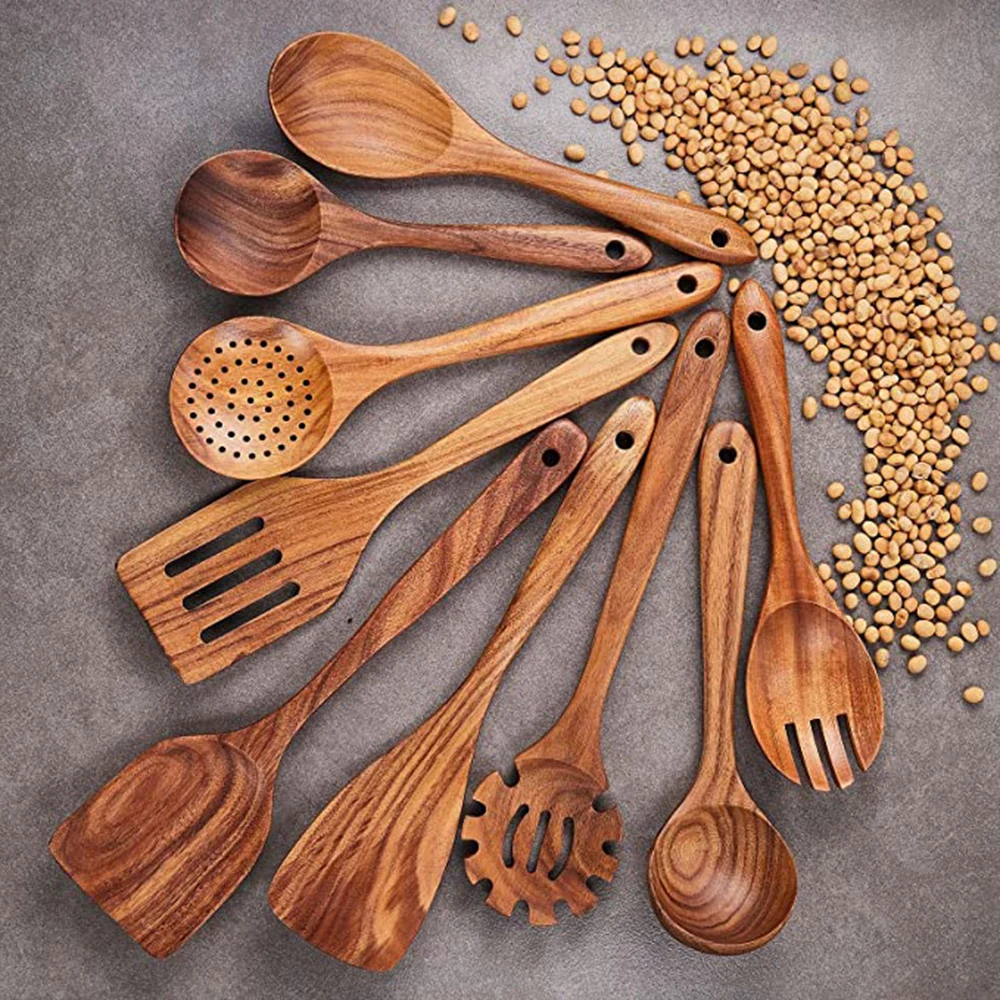 Set Di 7 Utensili Da Cucina In Legno Di Teak – Spatole, Cucchiai E Forchetta Per Pentole Antiaderenti, Resistenti Al Calore Fino A 232°C