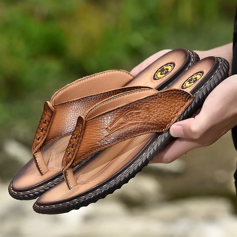 

Summer MEN'S Flip-flops Genuine Leather First Layer Cowhide Surface Car Suture Handmade Split Toe Flat Beach Slippers Quality