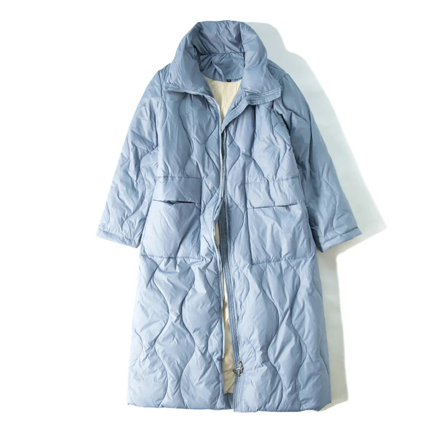 SuyaDream женские теплые пуховые пальто со стоячим воротником, однотонные Стеганые Длинные парки, зимняя верхняя одежда - Цвет: Синий