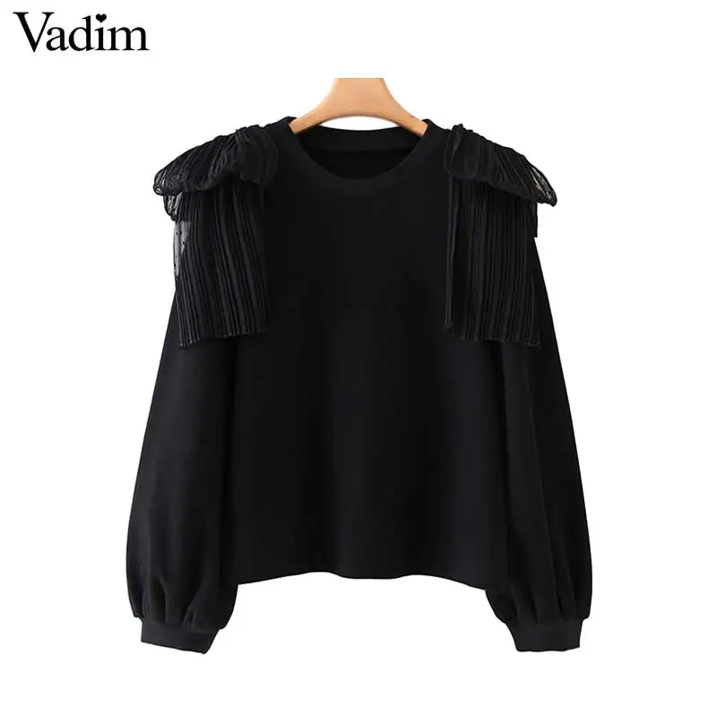 Vadim женские черные свитшоты в стиле пэчворк с оборками с длинными рукавами и круглым вырезом комбинированные пуловеры женские стильные повседневные топы HA488