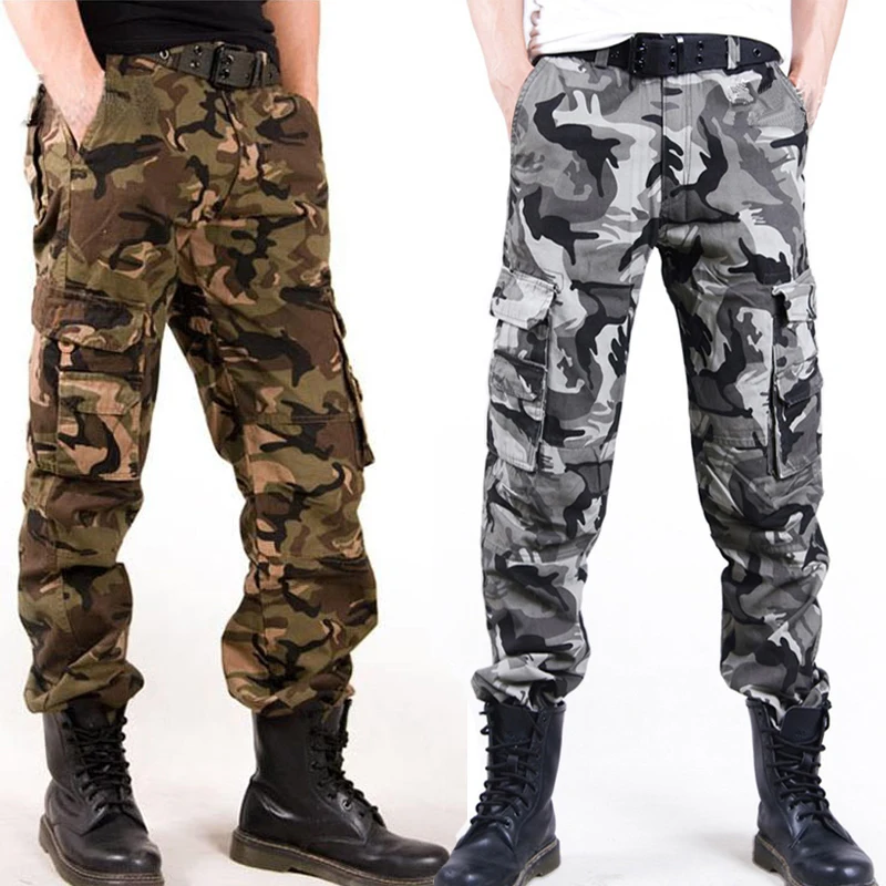 Mens Cotton Camo Military Pants Baggy Pocket Outdoor Casual Overalls Trousers SZ