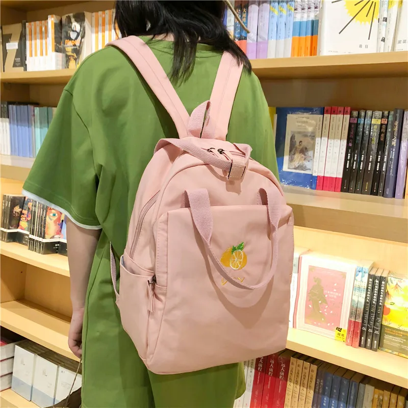 

Fruit Cute Embroidery Backpack Women Little Fresh Waterproof Nylon Solid Color Shoulder Bag Girl Schoolbag for Teenagers Bookbag