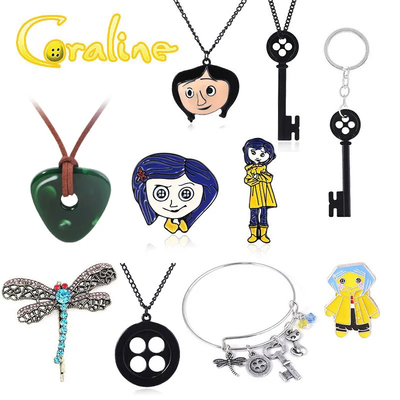 haress lfslk Coraline Key Necklace Girl's Button Key Metal Pendant Sweater  Chain Present for Child (Black)