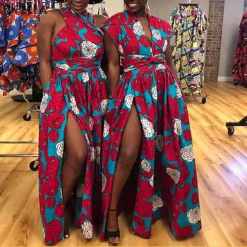 

Opslea African Women Ethnic Print Long Dresses Dashiki African Ankara Off Shoulder Slim Dress 2019 New Multi Wearings Clothes