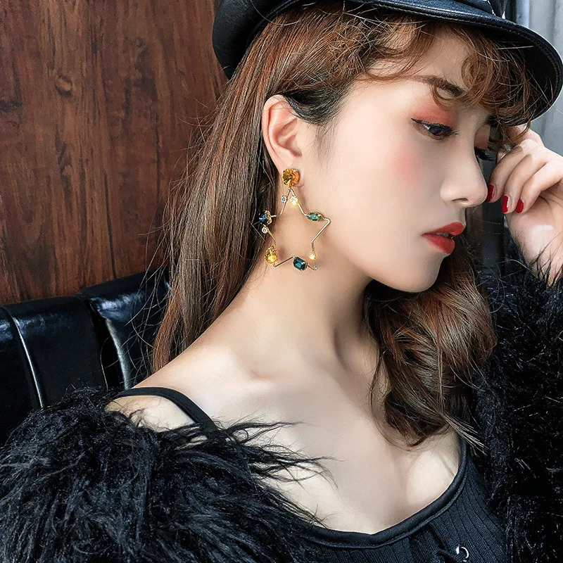 

925 Silver Five-pointed Star Heart Non-symmetrical Earrings Europe And America Fashion Exaggeration Earrings round Face Slimming