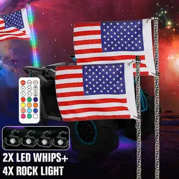 

1Set 2X3FT RGB LED Whip Light + 4XPODS Under Car Glowing Rock Lights bluetooth APP Control Strobe DC12V IP67 For Jeep ATV