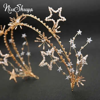 

NiuShuya Gold Rhinestone Star Bridal Hairbands Wedding Hair Accessories Handmade Crystal Beaded Women Party Jewelry Hairwear