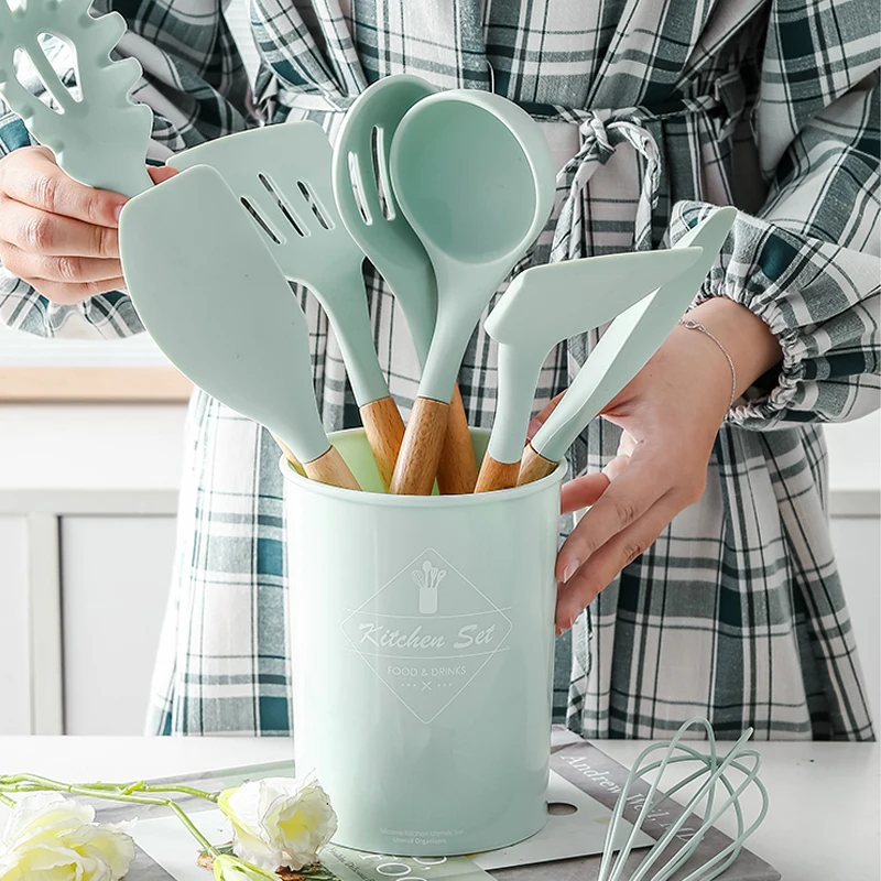 Silicone Cooking Utensils Set Non stick Spatula Soup Spoon Wooden Handle with Storage Box Kitchen Tools Set Gifts for Mother|Cooking Tool Sets| - AliExpress