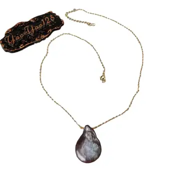 

17'' Black Coin Keshi Pearl pendant Yellow Gold color Plated Chain necklace Elegant Women Gifts