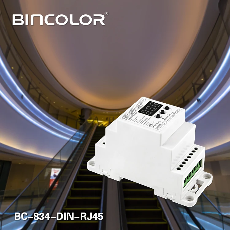 BC-834-DIN-RJ45 DC12-24V input 6A*4CH output,DIN Rail 4CH Constant voltage DMX512/1990 Decoder controller for led strip, lamp