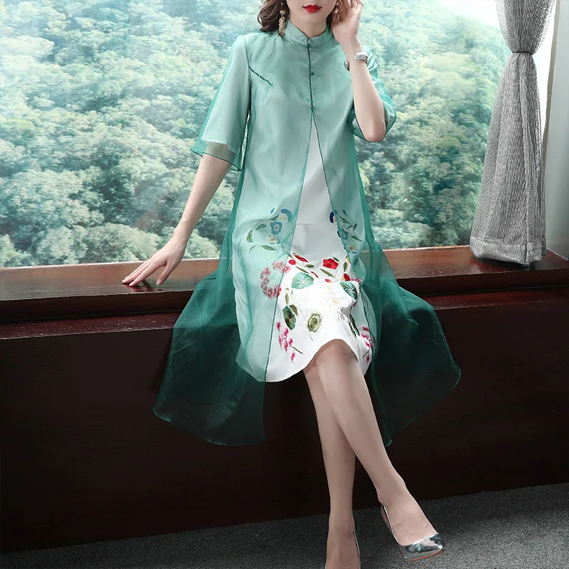 Винтажное платье в китайском стиле, женское элегантное весенне-летнее платье с воротником-стойкой и коротким рукавом с цветочной вышивкой, женские платья трапециевидной формы
