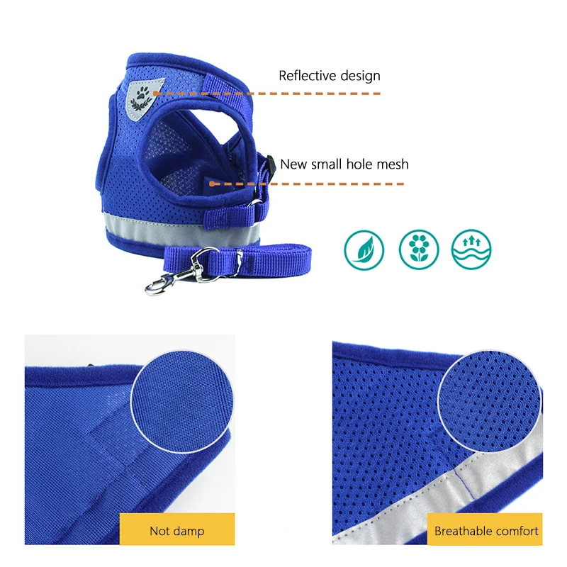 Practical Small Medium Dog Cat Belt Vest Polyester Mesh Harness Adjustable Reflective Pet Traction Rope Vest Walking Lead Leash