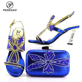 

New Arrivals Blue Color African Matching Shoes and Bag Set with Shinning Crystal Comfortable Heels for Party