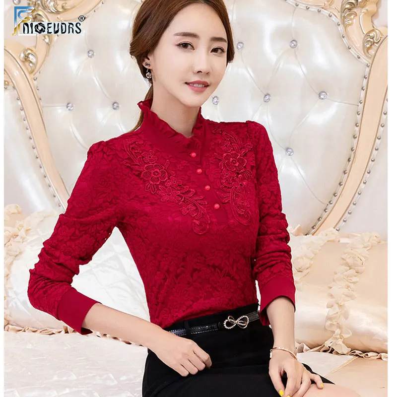 Winter Basic Shirts Blouses Warm Velour Inside Women Long Sleeve New Year Red White Black Lace Vintage Turtleneck Top Blouse n12 |