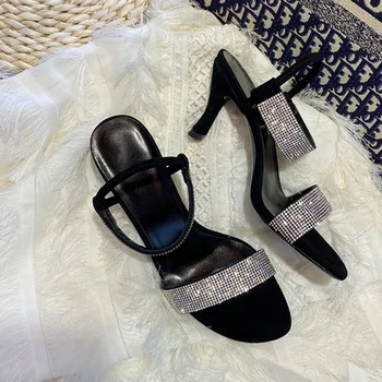 

2020 Women Shoes Hot Brand Bling Crystal Embellished Shoe Peep Toe Slingback Stiletto Sexy Lady Slip On Sandals Women Heels