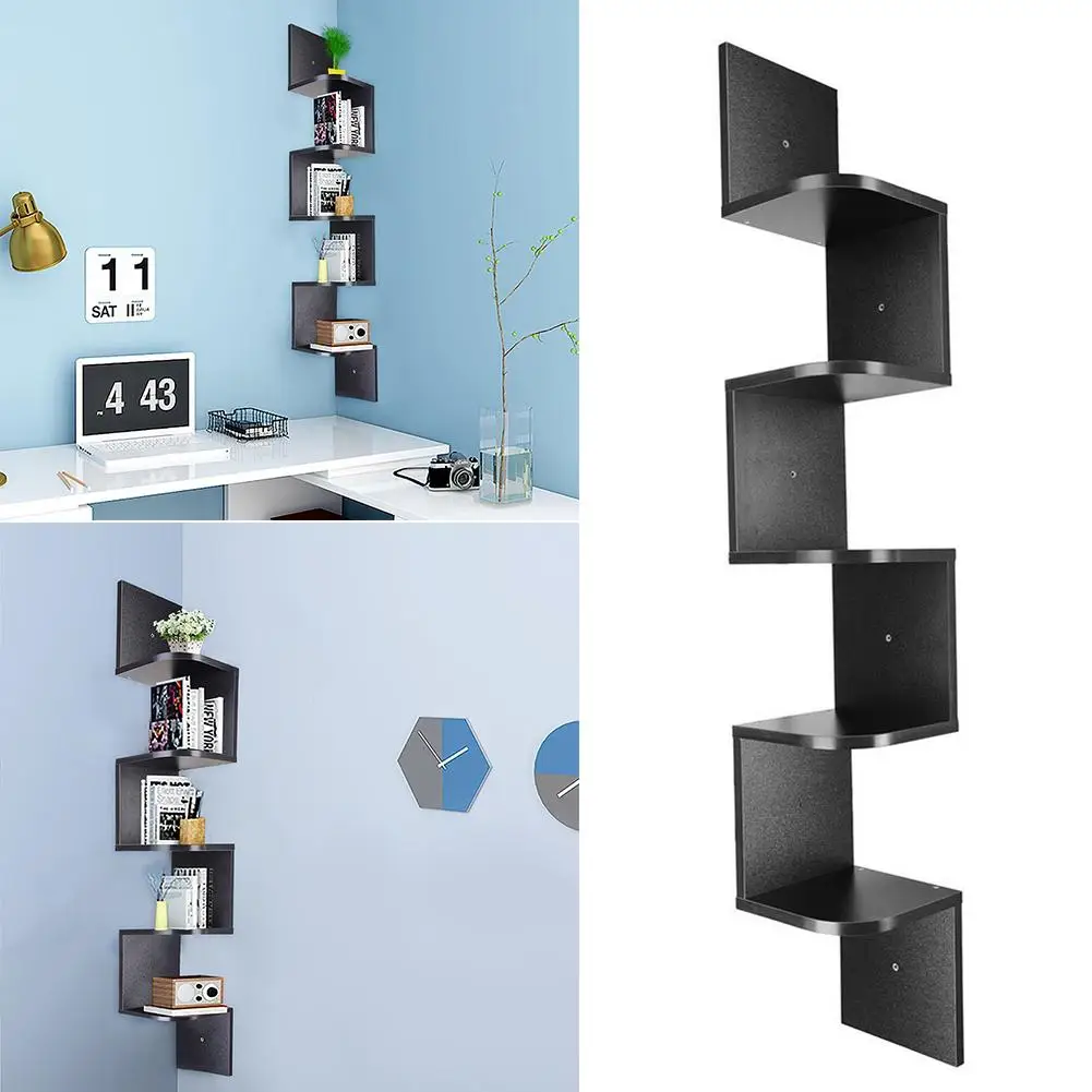 

5-Tier Wall Zig Zag Shelves Wooden Corner Mount Display Rack for Display Photos Book CDs Toys Wall Decor Home Office Furniture