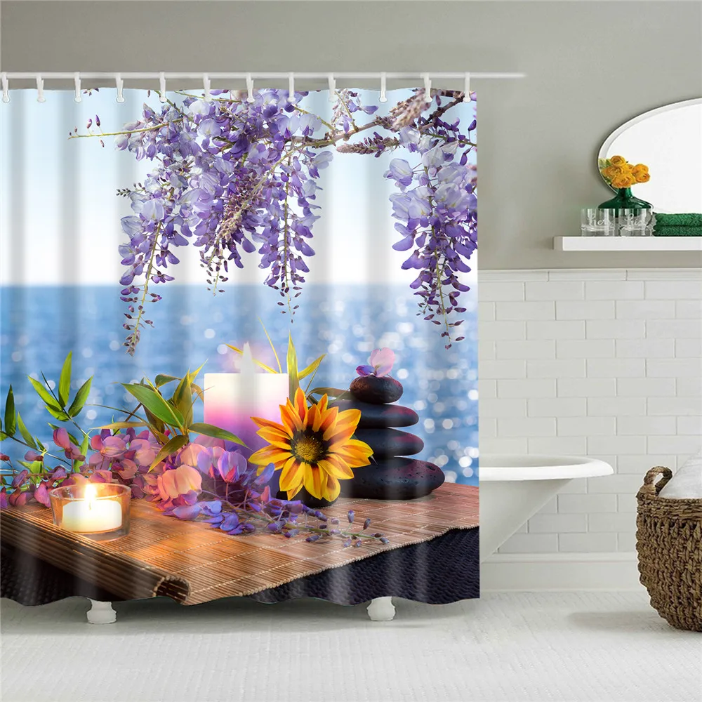 Цветочная занавеска для душа с цветочным рисунком и пейзажем, морская ванна, одиночная печать, водонепроницаемый полиэстер, для декора ванной комнаты, 180x200 см