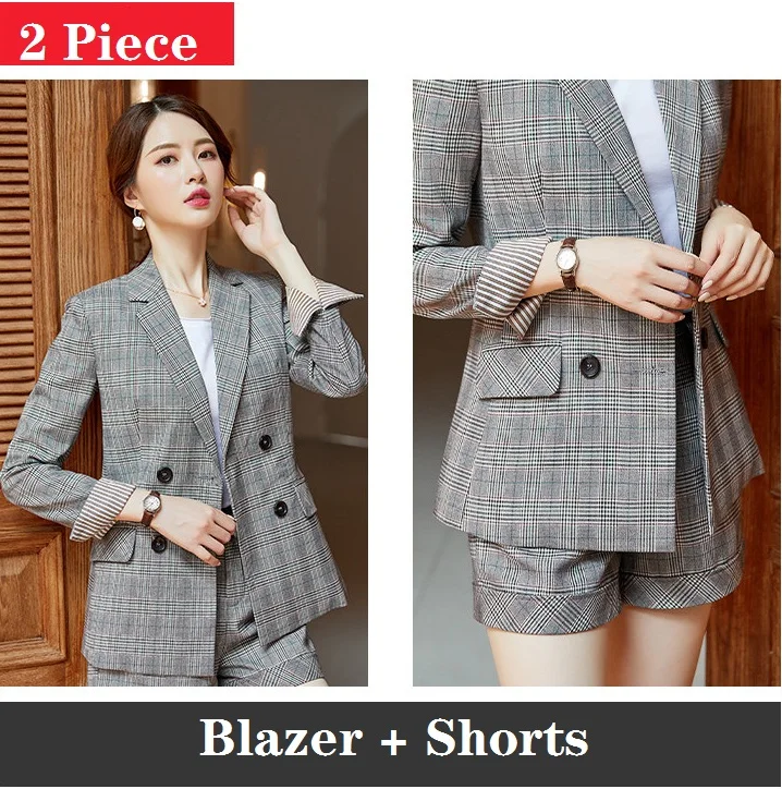 Blazer and Shorts Модный клетчатый блейзер для женщин, деловые костюмы, шорты и куртки, комплекты для женщин, рабочая одежда, Офисная форма, стили - Цвет: Blazer and Shorts