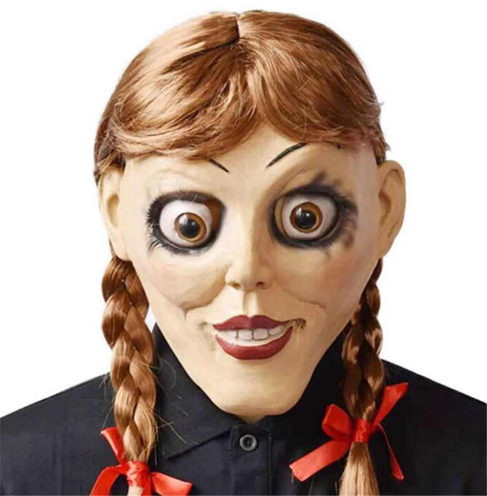 Фильм Annabelle поставляется дома Маскарадная маска латекс страшная кукла Полный головной убор для взрослых костюмы на Хэллоуин Опора головной убор