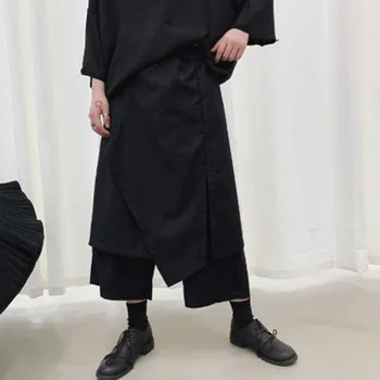 

Men Fake 2 Piece Spliced Loose Casual Black Wide Leg Skirt Pants Male Hip Hop Punk Gothic Streetwear Harem Trusers Kimono Pants
