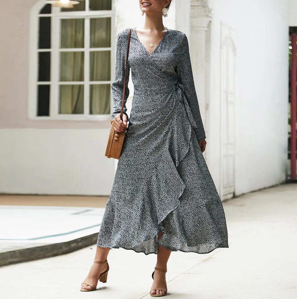 

Ruffle Dress Womens Boho Sundress Ladies Long Sleeve Floral Irregular Sexy V-Neck Maxi Dresses Formal Office Dress Autumn Robe