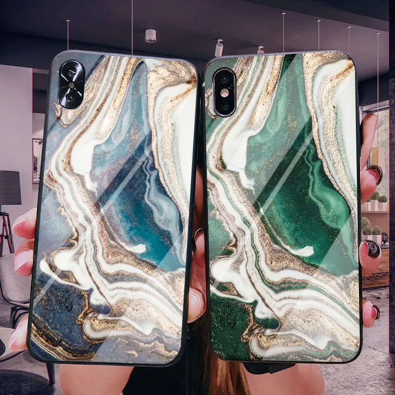 

Vintage Artistic agate marble Glass Phone Case For iPhone 6 6S 7 8 Plus Coque Tempered Glass Cover Case For iPhone X XS Max XR