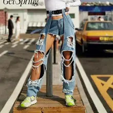 Getвесенние женские джинсы с дырочками, нестандартные потертые джинсы, женские повседневные сексуальные джинсовые брюки с высокой талией, Женская мода