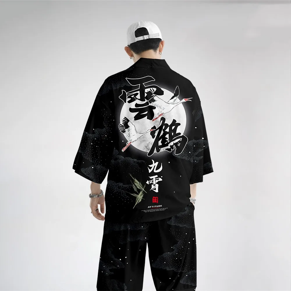 Oversize 6XL Men Kimono Cardigan Trousers Suit Japanese Print Crane Yukata Robe Set Novelty Jacket Chinese Style Tang Suit Men Kimono Set