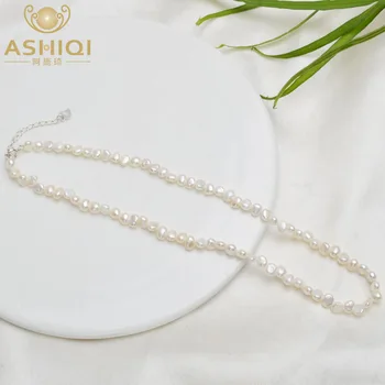 ASHIQI 4-5mm Natural Freshwater Pearl Choker Necklace Baroque pearl Jewelry for women with 925 Silver Clasp