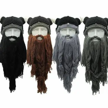 

New trendy casual Christmas Knit Viking Grey or Ginger Beard Ski Cap Crochet Knit Hat With Bearded Winter Hat Vagabond Beanie