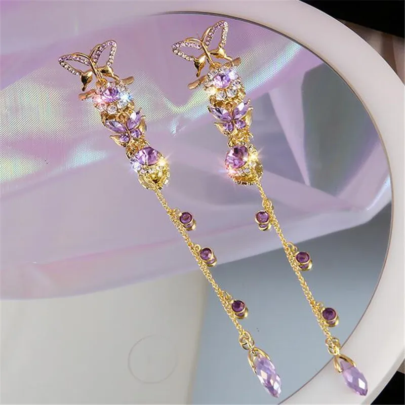 FYUAN Beautiful Butterfly Drop Earrings for Women Long Tassel Purple Crystal Earrings Weddings Engagement Jewelry Gift