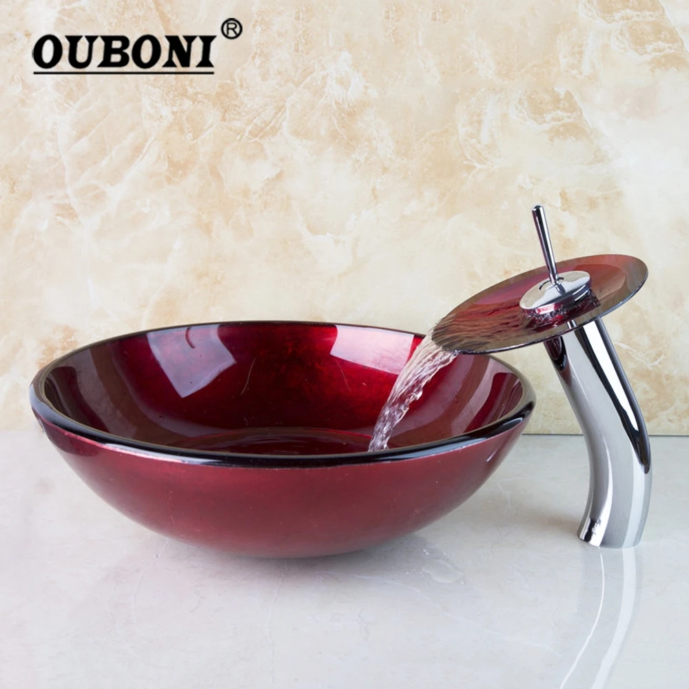 Ouboni Red Waterfall Design Bathroom Tempered Glass Sink Basin Bowl Vessel W Faucet Drain Combo Set Bathroom Sinks Aliexpress Ouboni Red Waterfall Design Bathroom Tempered Glass Sink Basin Bowl Vessel W Faucet Drain Combo Set Bathroom Sinks Aliexpress