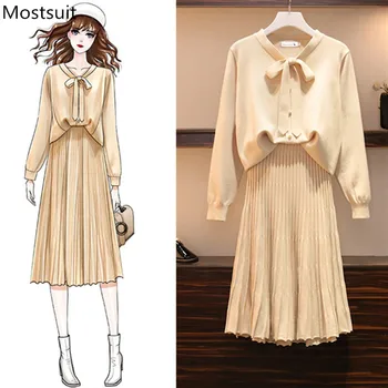

Autumn Winter Knit Skirt Sets Two Piece Set Women Plus Size Long Sleeve Bow Front Beading Sweater Tops And Skirts Suit Outfit