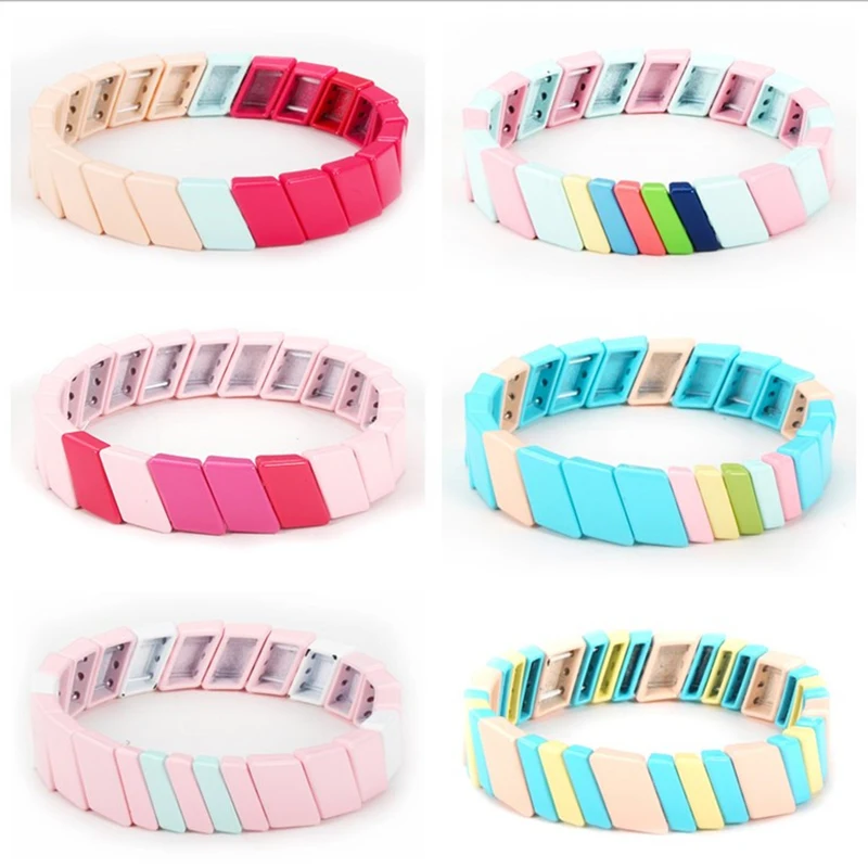 

Enamel Tila Tile Bracelet Beaded Candy Bracelet Set Rainbow Stretch Bracelets Honeycomb Stocking Suffer Gift for Girlfriend Wife