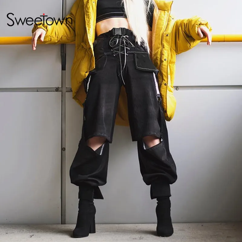 Sweetown черного цвета в стиле панк женские брюки-карго с вырезами под кожу змеи, на шнуровке, в готическом стиле, на открытом воздухе, брюки