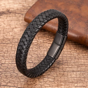 Classic Black Braided Leather Bracelet for Men