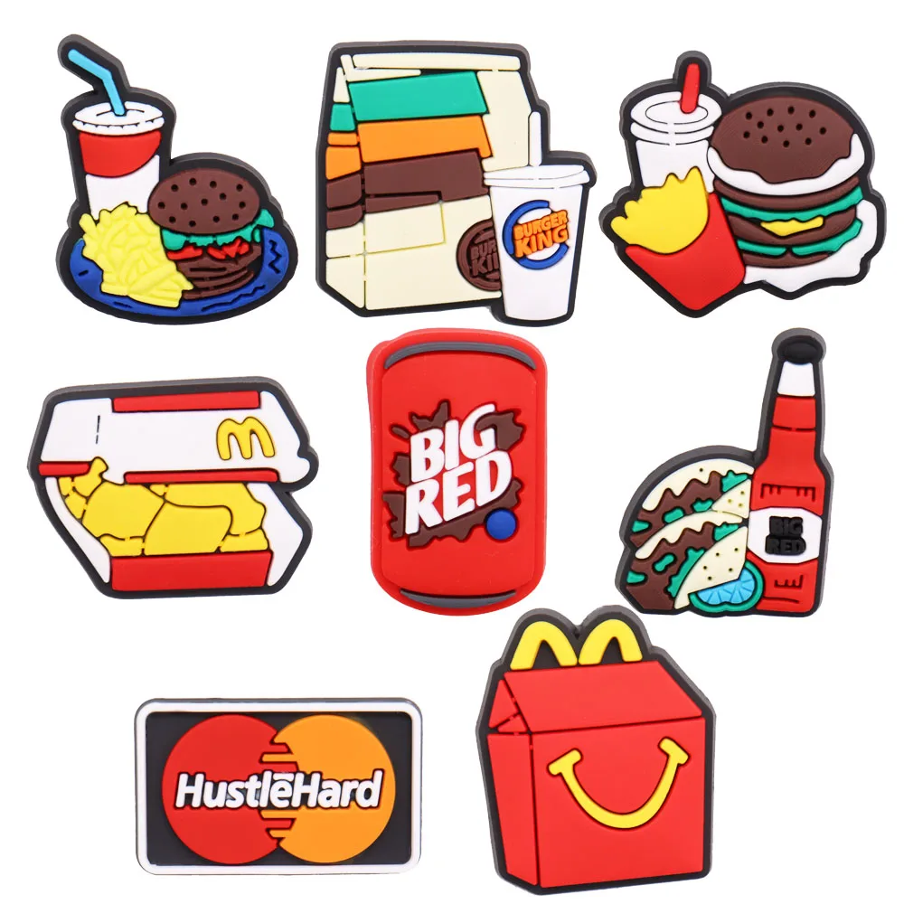 

Single Sale 1pcs Hamburger Fries Drink Shoe Charms Accessories Decorations PVC Croc jibz Buckle for Kids Party Xmas Gifts
