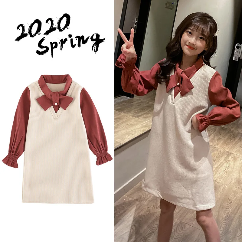 Новинка года, весеннее платье с галстуком-бабочкой для девочек весеннее платье с длинными рукавами для маленьких девочек Модное детское платье в стиле пэчворк для девочек#8292