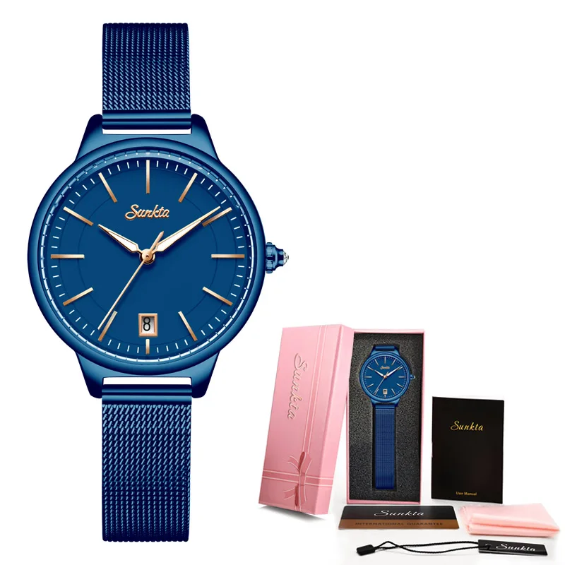 Blue SUNKTA, женские часы, роскошный бренд, кварцевые, сетчатый ремешок для часов, браслет, часы для женщин, элегантные, дамские, модные, наручные часы для женщин - Цвет: Blue