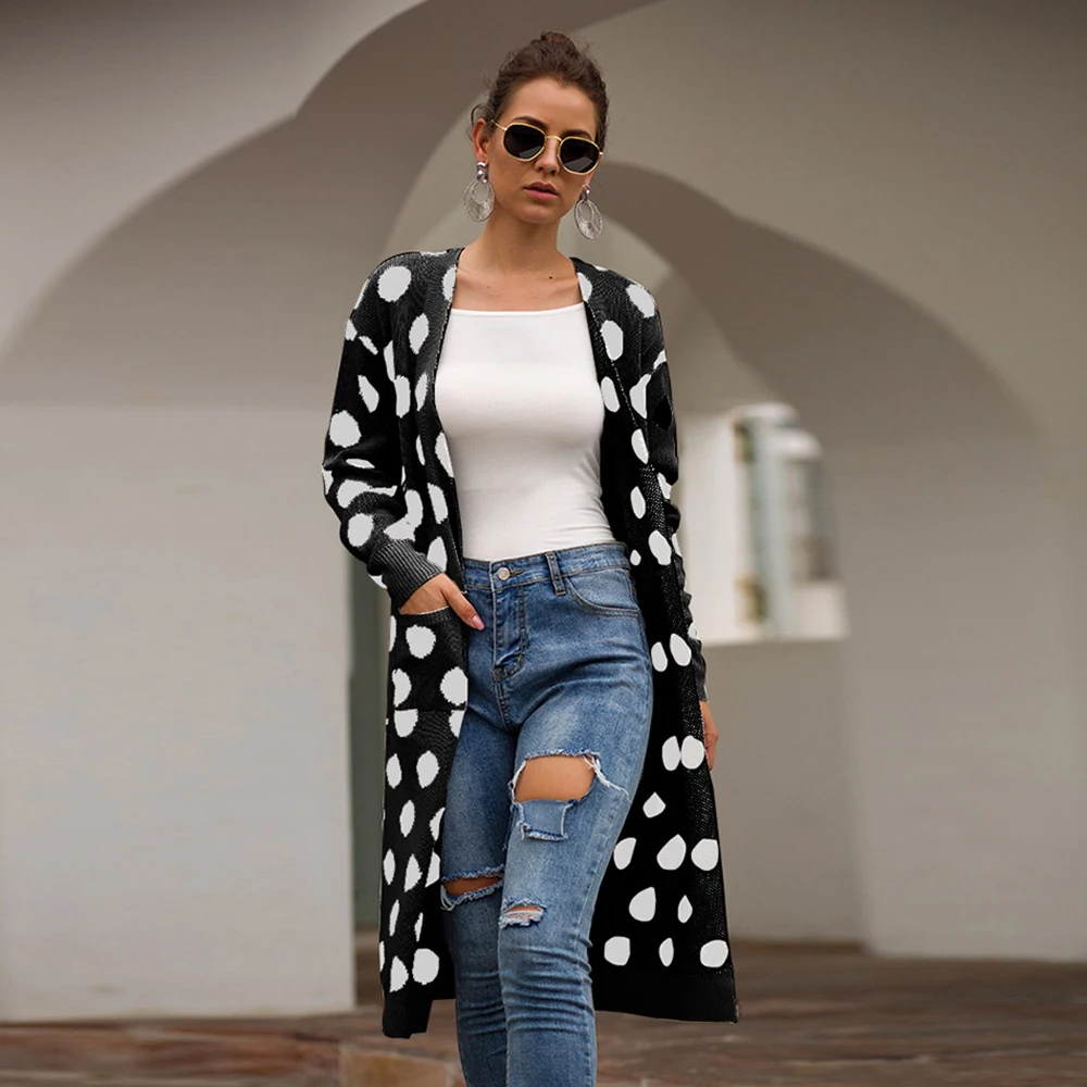 Женский вязаный кардиган в горошек длинный с длинным рукавом большие размеры