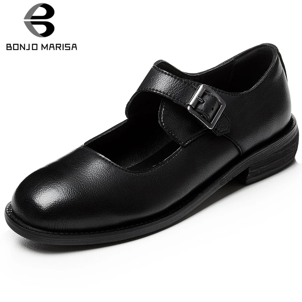 

BONJOMARISA New Brand Concise Round Toe Pumps Low Heels Genuine Leather Mary Janes Pumps Women 2020 Casual Date Shoes Woman