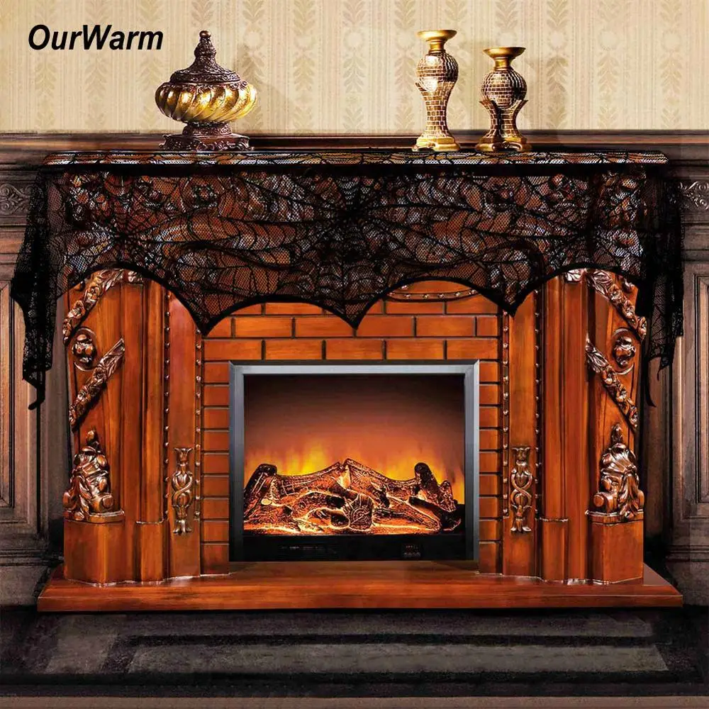 

OurWarm Halloween Cobweb Fireplace Scarf Lace Halloween Mantle Decoration Polyester Fireplace Mantel Scarf Home Decoration
