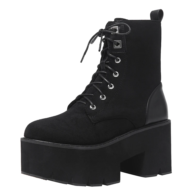 black shoes Gdgydh/мотоботы на шнуровке; осенние ботинки в стиле панк; женская зимняя обувь на платформе; плюш внутри; квадратный каблук; замша; кожаная акция - Цвет: black shoes