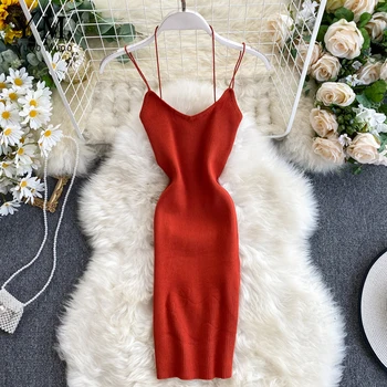 

YuooMuoo 2020 Women Summer Knit Dress Halter Backless Sexy Mini Bodycon Dress Sundress Elastic Knitwear Dress Europe Fashion